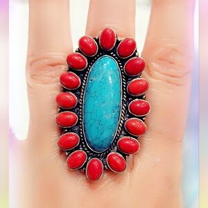 Coral & Turquoise Sterling Gemstone Ring